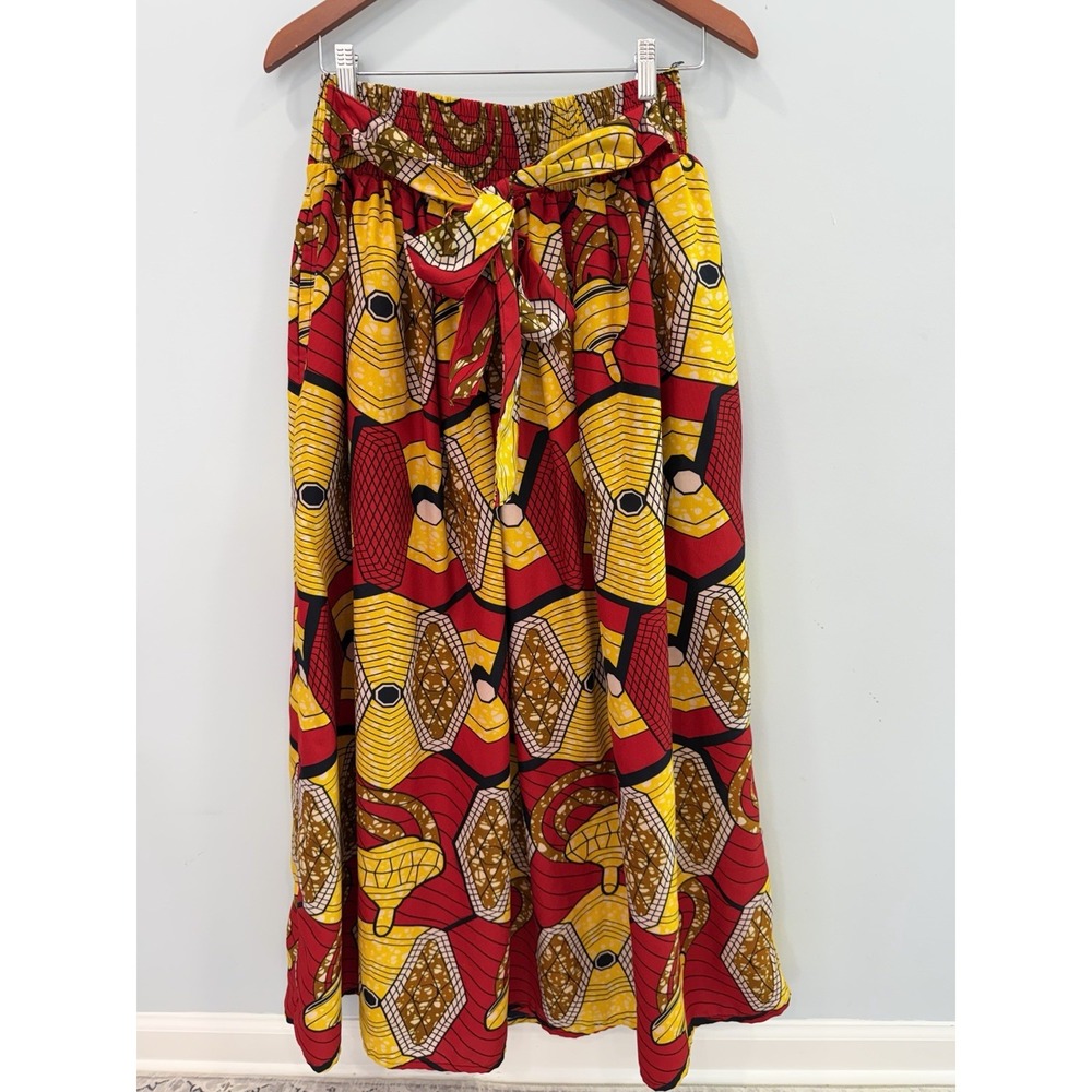 Red Yellow Brown Ankara Print Maxi Skirt XL Elastic Waist Tie Belt